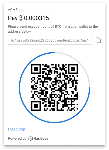 Hashipay Bitcoin payment screen for 0.000315 BTC